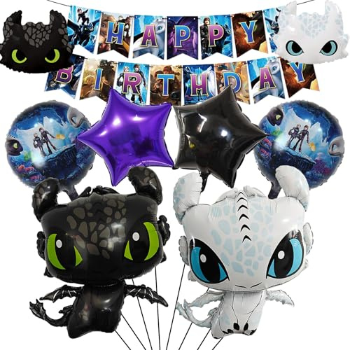 Drachen geburtstag deko, Geburtstags party für Jungen und Mädchen – Aluminiumfolienballon-Dekorations set, Fünfzackiger Sternballon, Runder Ballon mit Cartoon-Muster, Ballons mit Filmfiguren, Banner