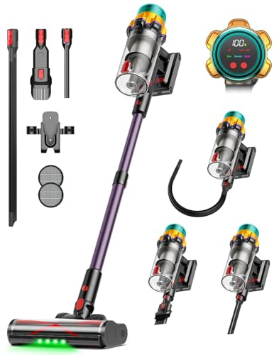 Akku Staubsauger 50000Pa/600W/65Min, Kabelloser Stabstaubsauger mit 2L Staubbehälter, Selbststehend, LED-Display, 8-Schicht-Filtration, Flexible Fugendüse, Leicht für Hartböden, Teppiche, Tierhaare