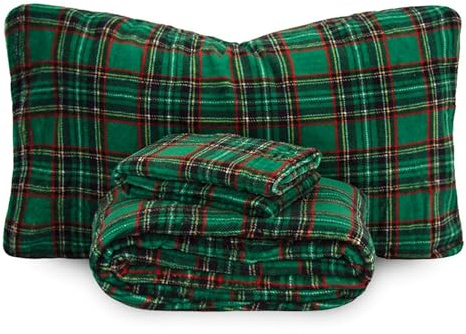 Morbidissimi Set Lenzuola Completo Letto in Pile Coral Tartan con stampa Scozzese, Termico, Morbido, Caldo per Letto Singolo Verde
