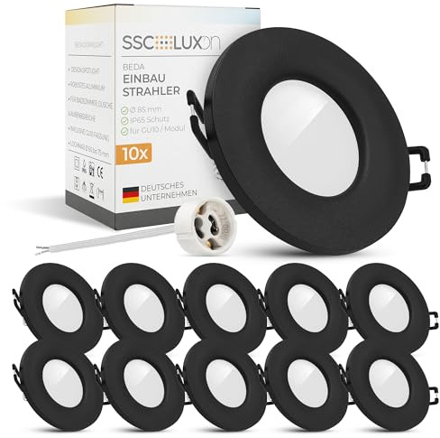 SSC-LUXon BEDA Einbaustrahler 10x schwarz rund flach IP65 für GU10 | Zehn flache Einbauspots schwarz IP65 - spritzwassergeschützt für Bad, Dusche & Außen, für GU10 (ohne Leuchtmittel)