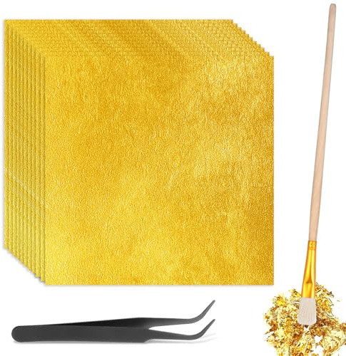 200 Blatt Goldfolie Flocken Blattgold Essbar mit Pinzetten und Bürsten 14x14cm Blattgold Papier zum Basteln Blattgold Torten Deko für Küche,Mousse,Kuchen,Backen,Handwerk Nägel,Dekoration