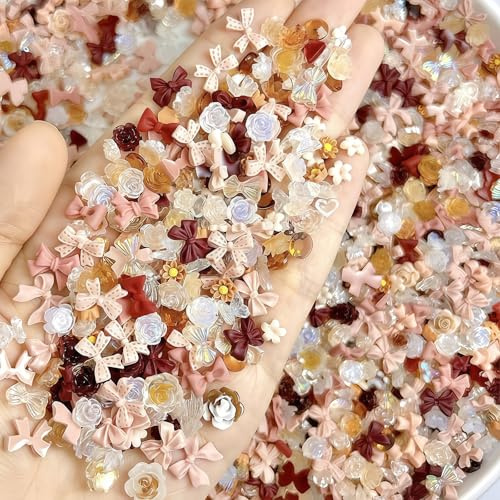 Vesavifaka 300 pezzi di decorazioni per unghie autunno inverno, Charms marrone caffè fiocco, Strass rosa fiore di rosa e farfalla, Decorazioni unghie fiocco farfalla mini 3D design floreale