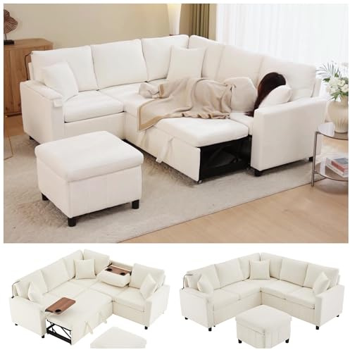 Yihomfy Canapé d'angle Convertible 4 Places, 205 cm Canapé Lit,Chenille canapé d'angle en L avec Tableau,3 Porte-gobelets, canapé d'angle Moderne avec Coussin, Repose-Pieds de Rangement