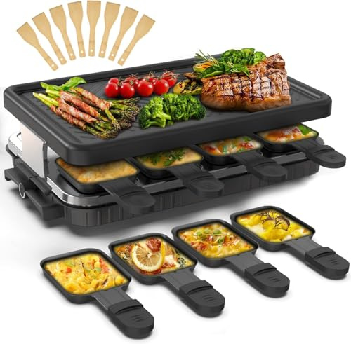 Raclette 8 Persone, Grill Elettrico con 8 Padelline, 1300 W