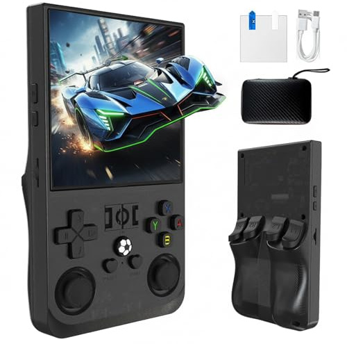 R36MAX - Console di gioco portatile retrò, batteria da 4000 mAh con schermo IPS HD da 4 pollici, scheda TF da 64 GB integrata, oltre 18.000 giochi classici, portatile e portatile (nero trasparente)