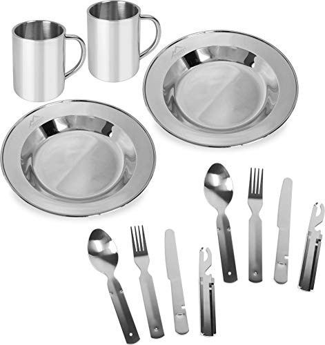 Camping Edelstahl Geschirrset 2X Besteckset + 2X Teller + 2X Tasse Silver OneSize