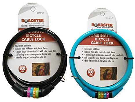 Roadster Combination Number Code Bike Bicycle Cycle Lock 8mm by 600mm Steel Cable. Black or Blue.