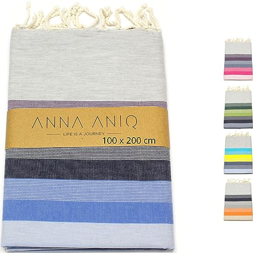 ANNA ANIQ Fouta Hamamtuch Strandtuch Saunatuch - XXL Extra Groß 100x200 cm - (Breite Streifen) - 100% gekämmte Baumwolle, Bade-Tuch, Yoga, Pestemal, Strand-Handtuch (Blau-Dunkelviolett)