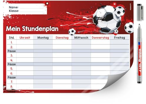 younikat Stundenplan abwischbar selbstklebend Fußball Rot - DIN A4 - dv641 | Wiederbeschreibbar, Digitaldruck, Whiteboard-Oberfläche, selbstklebende Rückseite, zum Schulanfang, inkl. Stift