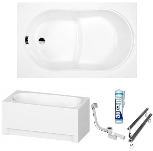 ECOLAM Badewanne Sitzbadewanne Wanne Rechteck Acryl weiß Wivea 120x75 cm + Schürze Ablaufgarnitur Ab- und Überlauf Automatik Füße Silikon Komplett-Set (120 x 75 cm)