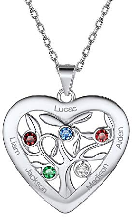 Suplight Collana da Donna con Albero della Vita Cuore Personalizzata con Pietra di Nascita e 2-7 Nomi in Argento Sterling 925/Acciaio Inossidabile Confezione Regalo Per Donna e Ragazza