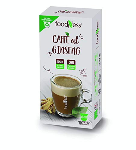 FoodNess - Capsule Caffè al ginseng zucchero di canna compatibile con sistema nespresso senza glutine, lattosio, aroma di caramello e vaniglia(6 box Tot. 60 capsule)