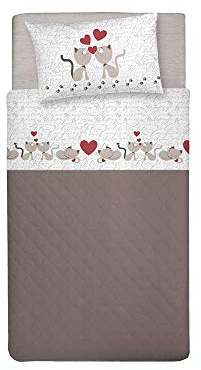 PENSIERI DELICATI Completo Letto Singolo 100% Cotone, Completo Lenzuola Singolo 90x200 Comprensivo di Lenzuolo sotto, Lenzuolo sopra e 1 Federa a Sacchetto, Made in Italy, Fantasia Gattini Beige