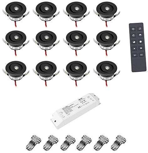 VBLED© 12er-Set 3W LED Mini Einbauspot -OCULOS Minispot 3000K mit 12VDC Funk Netzteil und Fernbedienung - Schwenkbar - Schwarz