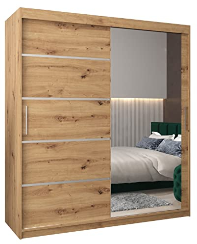 MEBLE KRYSPOL Kleiderschrank mit Spiegel Verona 2 - Garderobenschrank - Schrank Schlafzimmer - Mehrzweckschrank Zwei Schiebetüren - Regalen - Flur Möbel - Kleiderstange Schrank - Allzweckschrank