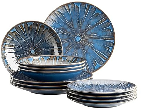 MÄSER 935074 Aquamarine, Aufregend lasiertes Teller Set für 4 Personen mit Speiseteller, Suppenteller und Dessertteller, 12-teiliges Tafelservice aus hochwertiger Keramik, Steinzeug, Blau