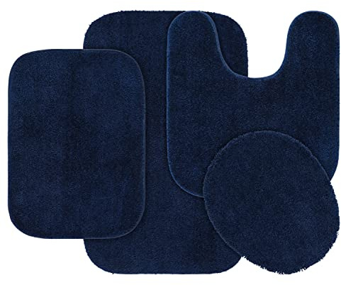 Garland Rug Traditional Nylon Washable Navy 4 Piece Set - Lid, Contour, 2 Bath Rugs - Soft, Absorbent, and Stylish for Your Bathroom