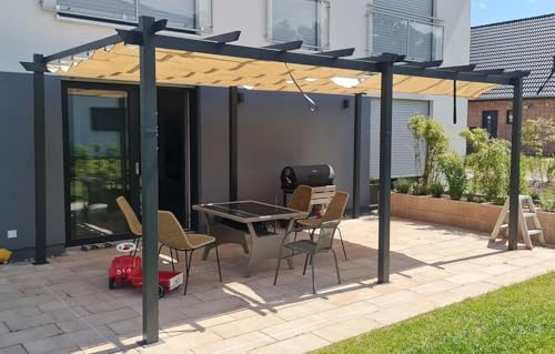 PURPLE LEAF Pergola Aluminium 5,5 x 3,5 m Tissu Teint en Fil, Pergolas pour Terrasse Extérieur, Pergola Jardin Extérieur Toit Coulissante, Pavillon de Jardin, Kaki