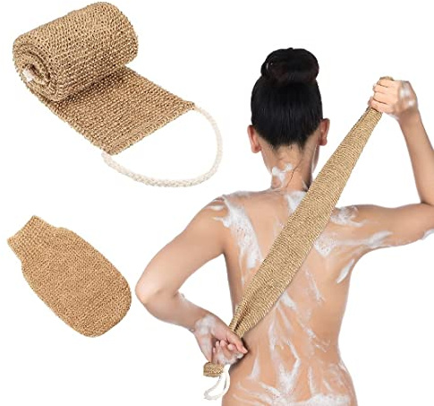 2PCS Sangle Lave Dos Eponge Exfoliante Dos Ceinture de Massage,avec Gant Exfoliant Chanvre Naturelle,pour Corps en Femme Et Homme pour Bain Douche