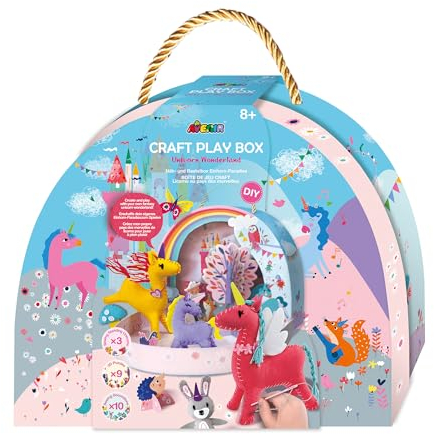 Avenir 6301893 Spielbox Bastel-Set Einhorn-Wunderland, 3in1 Bastelbox im Spielkoffer zum Nähen, Basteln und Spielen, DIY ab 8 Jahren