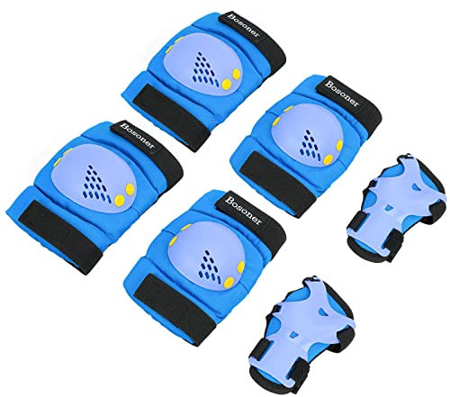 BOSONER Kids/Youth Knee Pads Elbow Pads Wrist Guards Set for 3-15 Years, Child Protective Gear Set for Roller Skates, Cycling, BMX Bike, Skateboard, Inline Skating, Scooter Riding Sports