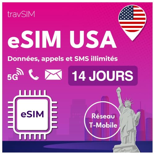 travSIM USA eSIM | T-Mobile Netz | Unbegrenzte Daten, Anrufe & Texte in den USA | e SIM Amerika funktioniert auf eSIM kompatiblen iOS & Android Geräten | e SIM Karte USA 14 Tage