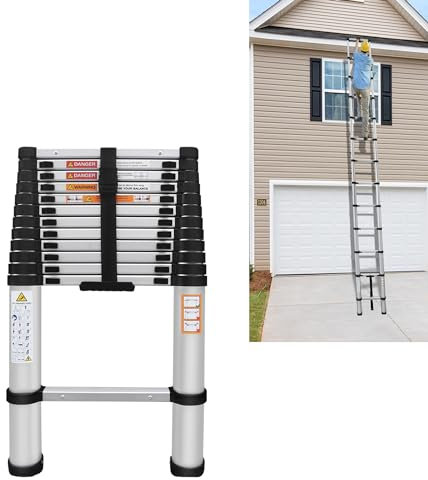 5M Aluminium Telescopic Ladders 12 Steps Extending Ladder Straight Ladders for Multi-Purpose Indoor Outdoor Roof Work Decoration Builder Supply 150KG Capacity