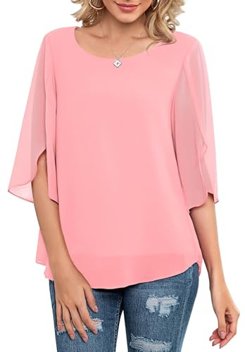 Neineiwu Damen Chiffon Tunika Lässig Rundkragen 3/4-Ärmeln Bluse Mesh Fließende Shirts Loose Fit Oberteile blusen Dame elegant festlich Party Outfit Dame Bluse sexy