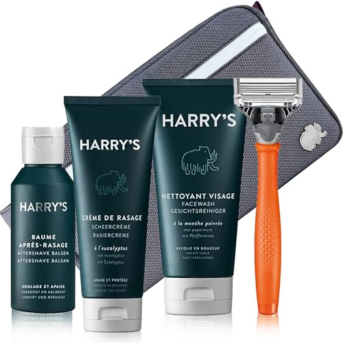 Harry's Geschenk-Set - Nassrasierer für Männer mit orangefarbenem Griff und 5-Klingen Rasierklinge, Rasiercreme 100ml, After-Shave-Balsam 50ml, Gesichtsreiniger 150ml und Kulturtasche | Truman Rasierer mit Orangefarbenem Griff, Rasiergel 120 ml, Gesichtsreiniger 150 ml, Wasserabweisende Kulturtasche