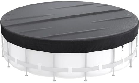 Round Pool Cover, 15ft Covers for Above Ground Pools, 210D Oxford Cloth Swimming Pool Cover with Pull Rings, Ground Spikes, Rope, Buckle, for Inflatable Pool, Frame Pool, Pet Pool, Black