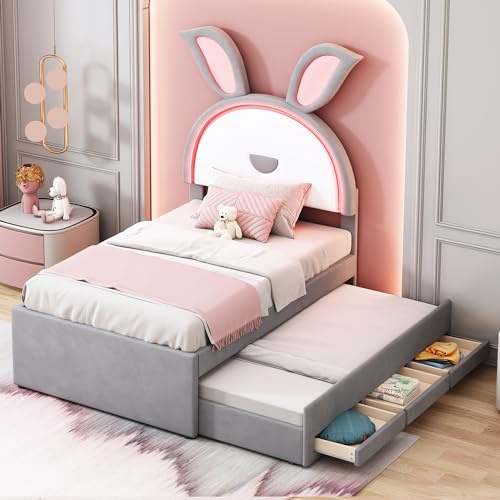 Kehun Kinderbett Polsterbett 90x200 mit LED-Kopfteil, Einzelbett mit Ausziehbarem Bett und 2 Stauraum Schublade für 2 Kinder, Schlafsofa mit Lattenrost, Kaninchen Stil, Samt, Grau, Ohne Matratze