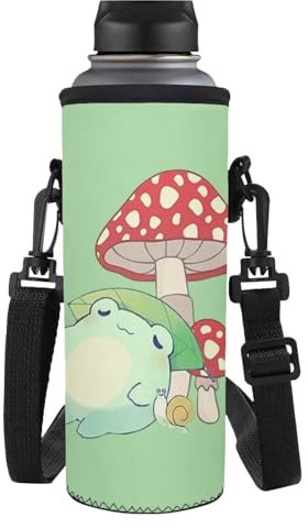 HUGS IDEA Kinder-Wasserflaschenhülle – Pilz-süßer Frosch-Druck, für Jungen und Mädchen, Tragetasche, Neopren, isolierte Flaschenhülle mit Gurt