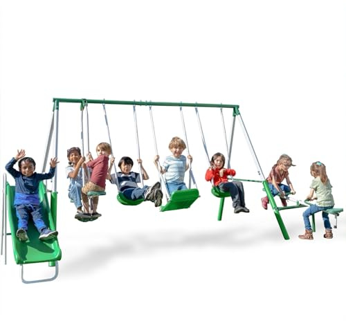 Sportspower Park Ridge Metal Swing Set for Ages 3-8, 2 Swings, Standing Swing, Roman Glider, Teeter Totter, 5ft Slide, 6.1ft Durable Steel Frame, Anchor Kit, 800lbs