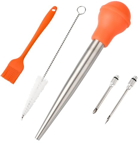 Viwehots Turkey Baster, Stainless Steel Turkey Baster Silicone Bulb with 2 Marinade Injector Needles and 2 Brush for Cooking Easy Clean and Dishwasher Safe Color Orange