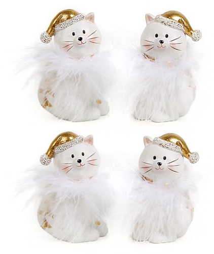 Katzen-Figuren, 4 Stück: Dekofiguren Winterkatzen, Weihnachtsfiguren mit Mütze, Figur Weihnachten & Winter, Weihnachtskatzen zum Hinstellen, Weihnachtsdeko Innen, Deko Fensterbank & Tisch, Weiß, 8 cm