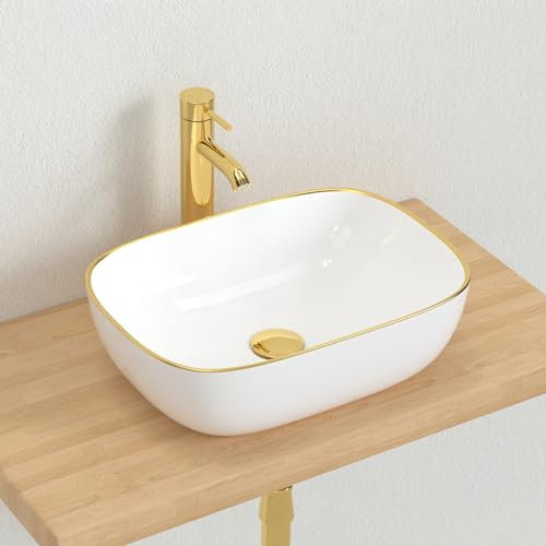 J-FAMILY 18.3'' x 13'' Bathroom Vessel Sink White Porcelain Ceramic Sink Bowl Above Counter Oval Wash Basin Gold Trim Decoration Vanity Sink Lavatory Art Basin