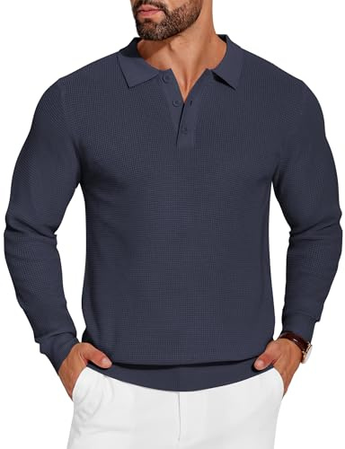 COOFANDY Jersey para Hombre Cuello Polo Jersey Manga Larga Suéter de Punto Negocios Suéter Informal Sweater Básico Color Sólido Regular Fit Azul Marino XL