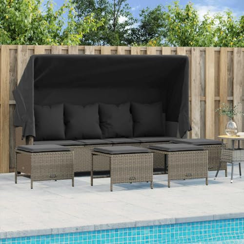 Homgoday 5-TLG. Gartensofa mit Dach & Fußhocker Gartenlounge Balkonmöbel Gartenmöbel Loungemöbel Sitzgruppe Sofagarnitur mit Kissen Ecksofa für Balkon Terrasse Hellgrau Poly Rattan