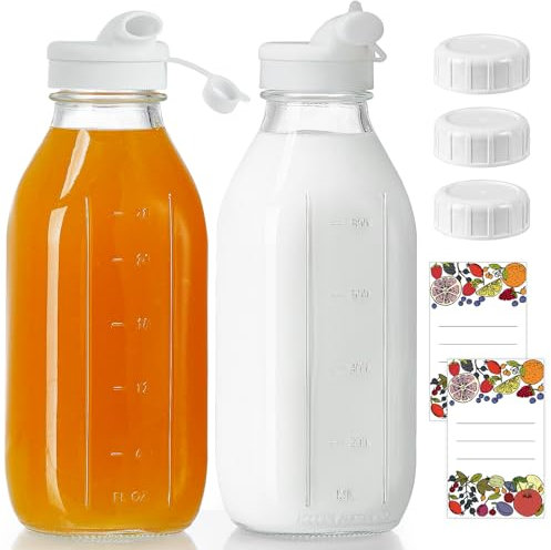 Absovetu Paquete de 2 botellas de vidrio reutilizables con tapa hermética de rosca, jarra de leche de vidrio de 1 litro con boquilla de vertido, botellas dispensadoras de almacenamiento para bebidas,