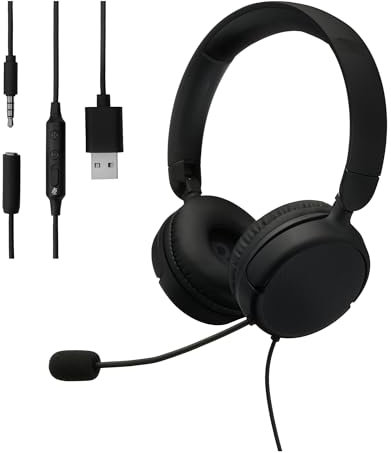 Amazon Basics On Ear Wired Computer Headset with Adjustable Microphone, 3.5mm Port or in Line Control with USB-A Port, Foldable, One Size, Black
