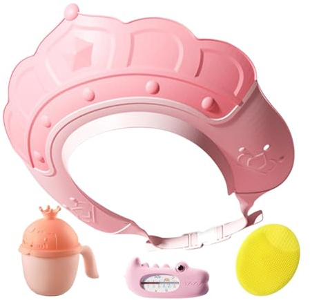 Badekappe | Visierhut mit Wassertemperaturanzeige und Shampoo-Tasse | Shampoo-Kappe mit Shampoo-Bürste, schützt Ohren und Augen