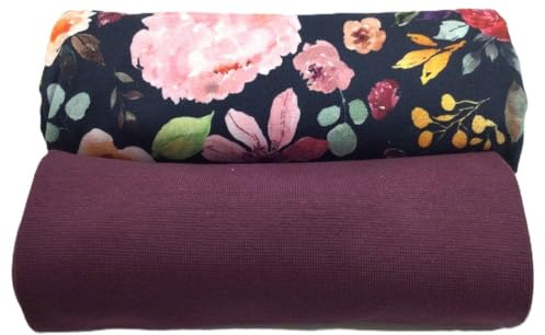 Jerseystoff Set | Jersey + Bündchen | farblich perfekt abgestimmt | je 0,5 m | Jerseystoff zum Nähen von Baby- und Kinderkleidung (Painted Flowers, Navy)