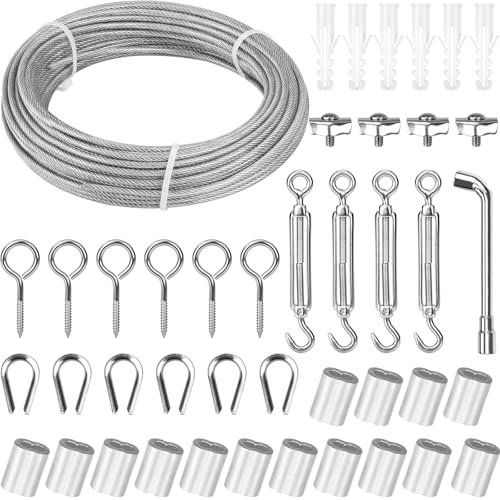 20M 3mm Drahtseil Spanner M5 Stahlseil Ummantelt 304 Edelstahlseil mit ösen Seilspanngarnitur für String Light Suspension, Wäscheleine, Gardinenseil Kletterpflanzen, Deck-Kabel-Reling Spannseil