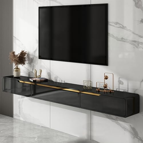 Ahtadums Massivholz TV Lowboard Hängend, TV Schrank hängend mit 2 Schubladen TV Board hängend Hängeschrank Wandregal komplett montiert (schwarz, 180cm)