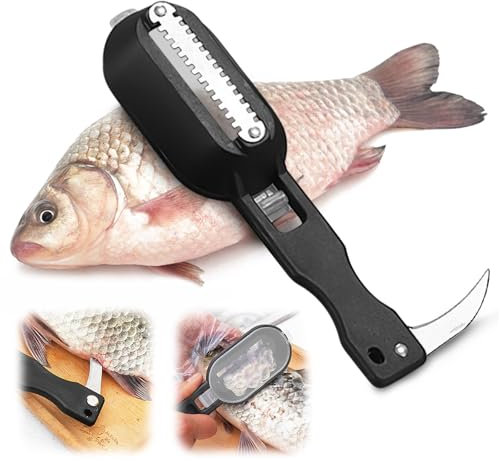 Fish Descaler Tool-2 in 1 Fish Scaler Remover with Knife Fish Scaler Fillet Knife Fish Cleaning Tool with Scaler Container (Black)