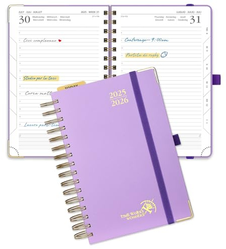 POPRUN Tagesplaner 2025 2026 Ringbuch mit Hardcover 21,5 x 14,5 cm, Tageskalender A5 1 Tag 1 Seite (Montag - Sonntag), Terminplaner (Aug.2025-Jul.2026) mit Plastiklineal - Violett