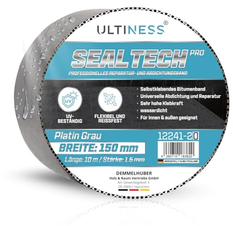 Ultiness Aluminium Klebeband SealTechPRO 10m Rolle, 150 mm breit | Reparaturset für Dachrinne abdichten wasserdicht & UV-resistent Bitumenband selbstklebend Dachrinnen Reparaturband, Tape, Alu