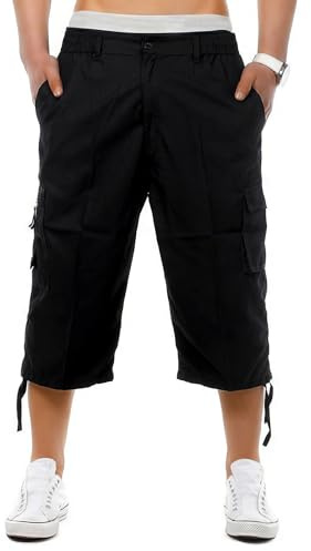 WJL WHISPERING JONES LONDON Mens 3/4 Long Shorts Cargo Combat Elasticated Waist Three Quarter Length Below Knee Modest M-6XL, Black - Long, XXL