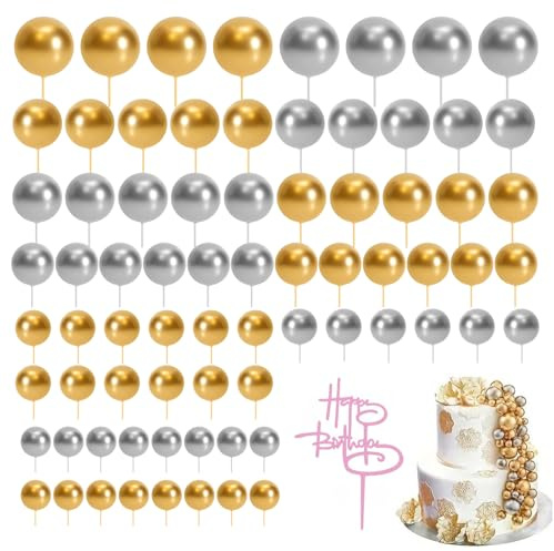 109 Stück Tortendeko Kugeln Cake Topper – Mini Schaum Ballons DIY Torten Deko für Hochzeit Birthday, Festliche Torte Dekoration (Silber/Gold)