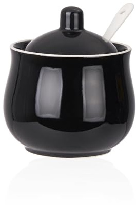 CHILDIKE Sucrier en céramique avec couvercle et cuillère, pot de rangement en porcelaine noire, 236,8 g
